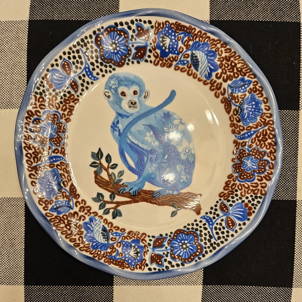 ANTHROPOLOGIE Nathalie Lete Blue Monkey Floral Collector 10" Dinner Plate Art